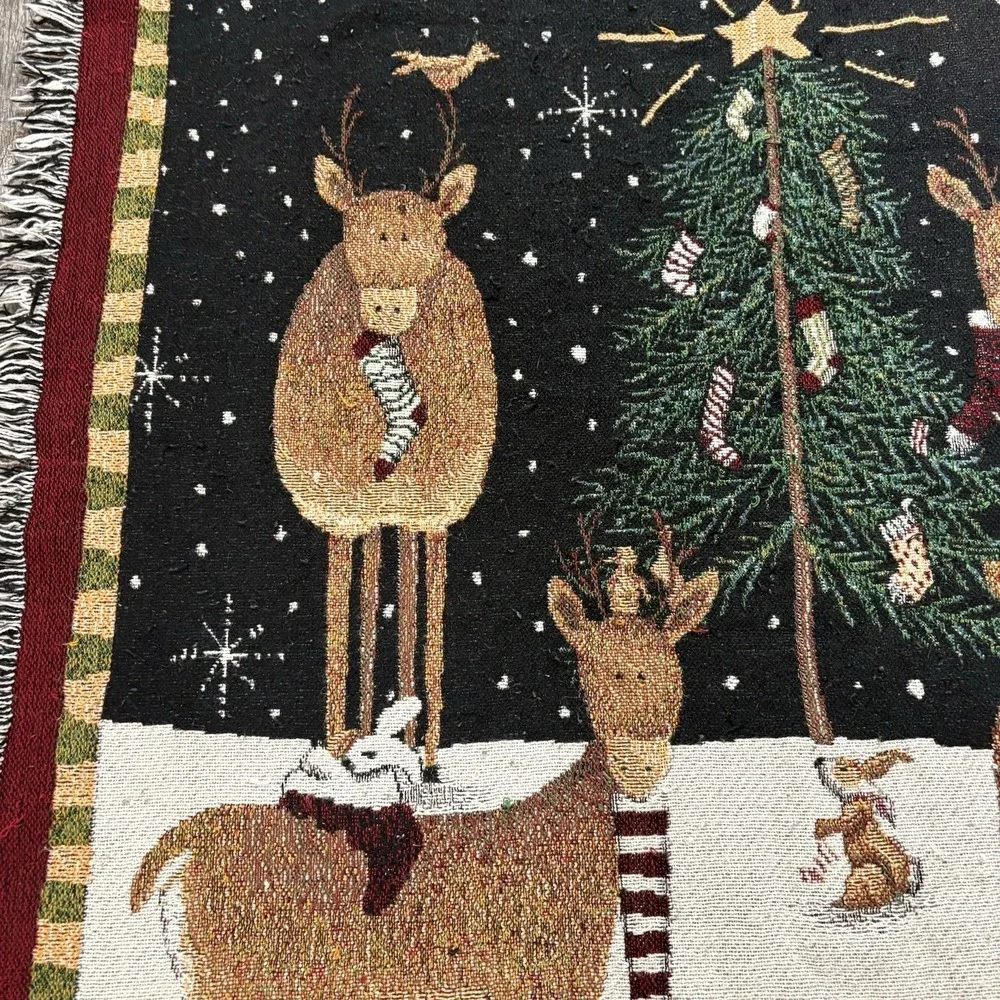 Woven Christmas Tapestry Throw Blanket Reindeer Party Trees Stockings 45x54